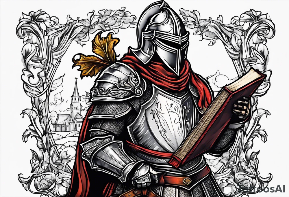knight holding a bible over his head tattoo idea