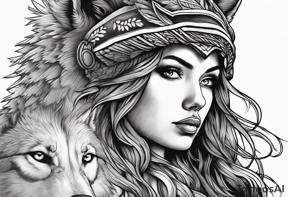 Raging storm with forest, beautiful woman wearing a wolf headdress tattoo idea