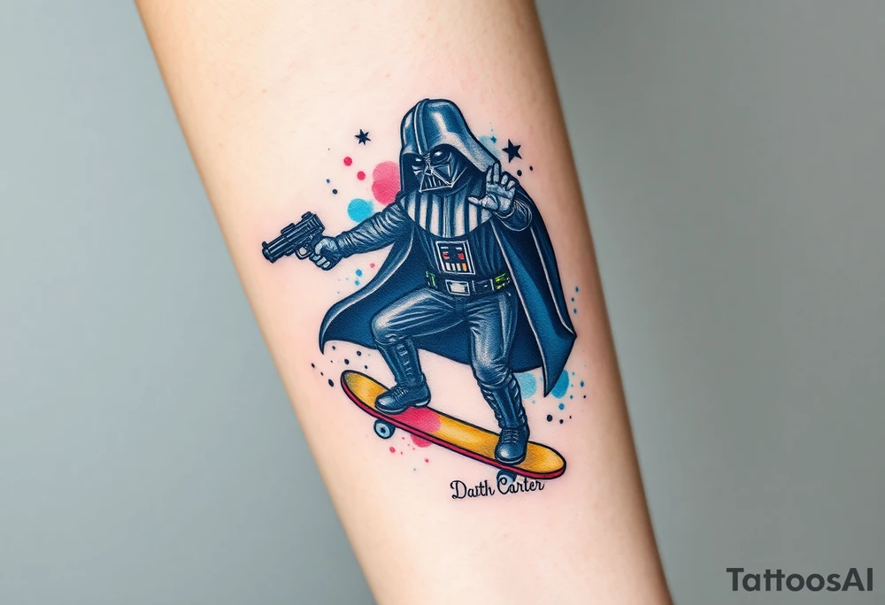 Darth Vader skateboarding with gun> bullets > memorial > god > colors > futuristic 
add name "Darth Carter" on skateboard
add date in loving memory 12/29/88-01/06/24 tattoo idea