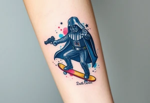 Darth Vader skateboarding with gun> bullets > memorial > god > colors > futuristic 
add name "Darth Carter" on skateboard
add date in loving memory 12/29/88-01/06/24 tattoo idea