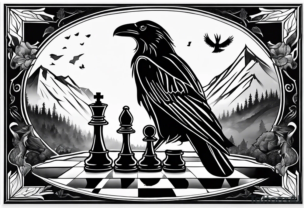 chessboard with king and queen piece, background in a mountain in the rain and ravens tattoo idea