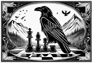 chessboard with king and queen piece, background in a mountain in the rain and ravens tattoo idea