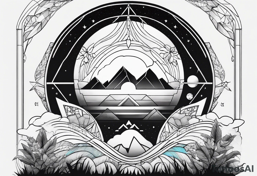 geometric half sleeve tatoo, space, nature tattoo idea