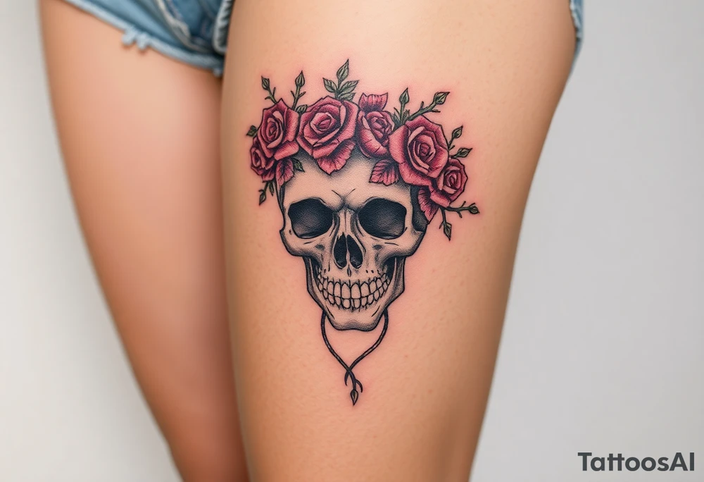ornate skull adorned with crown of wild roses and thorns tattoo idea