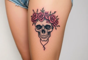 ornate skull adorned with crown of wild roses and thorns tattoo idea