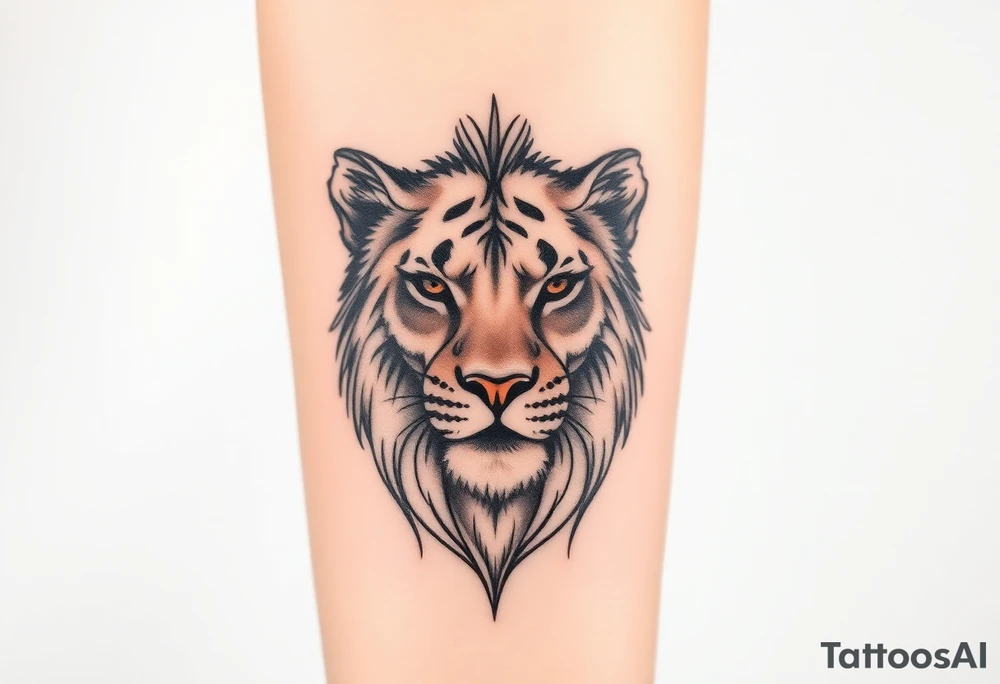 Half a lion face, half a lioness face looking straight tattoo idea