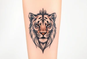 Half a lion face, half a lioness face looking straight tattoo idea