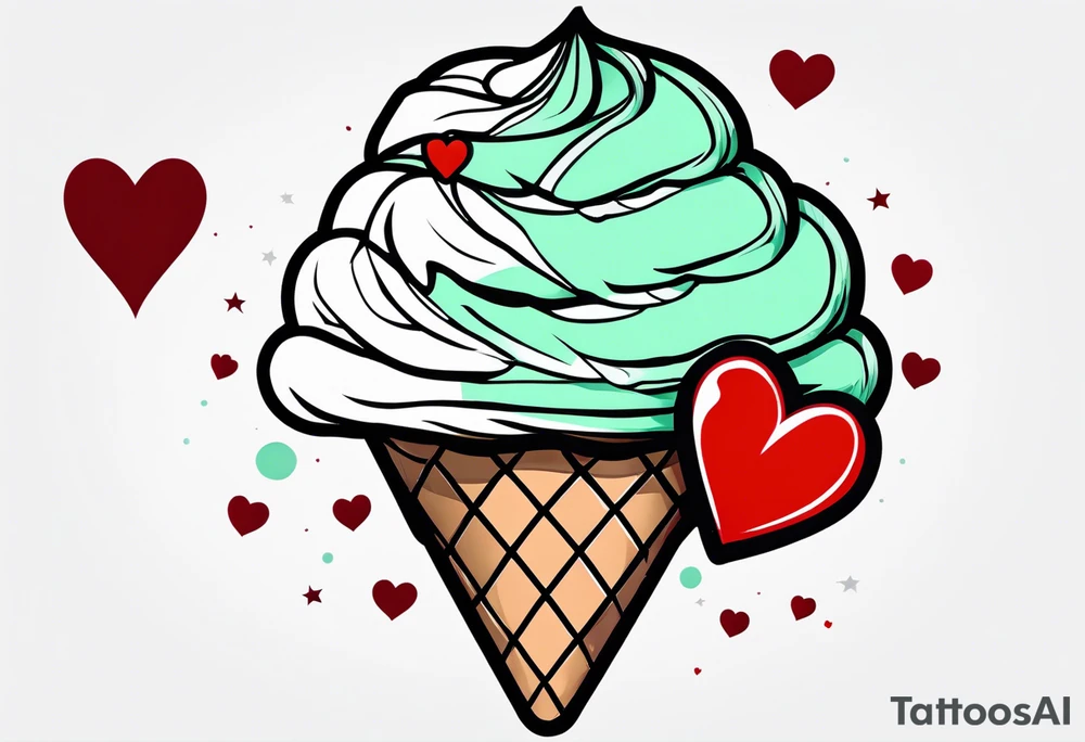 simple mint chocolate chip ice cream cone with small red heart on it somewhere. tattoo idea