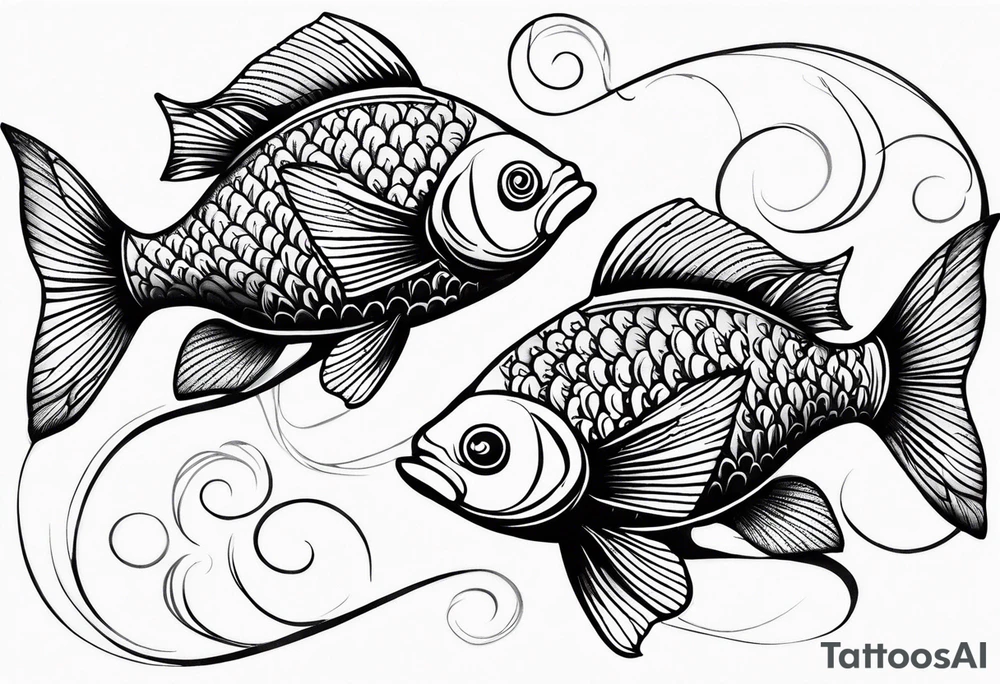 twin coi fish one red one black with waves and lotus flowers tattoo idea