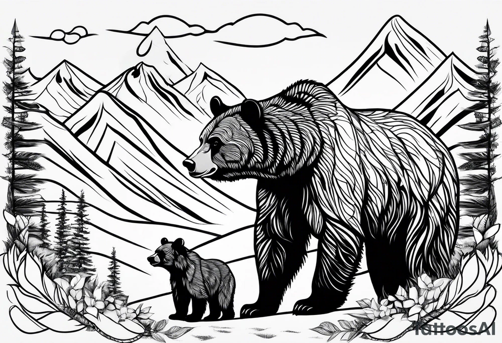 mamma bear and cub with mountains tattoo idea