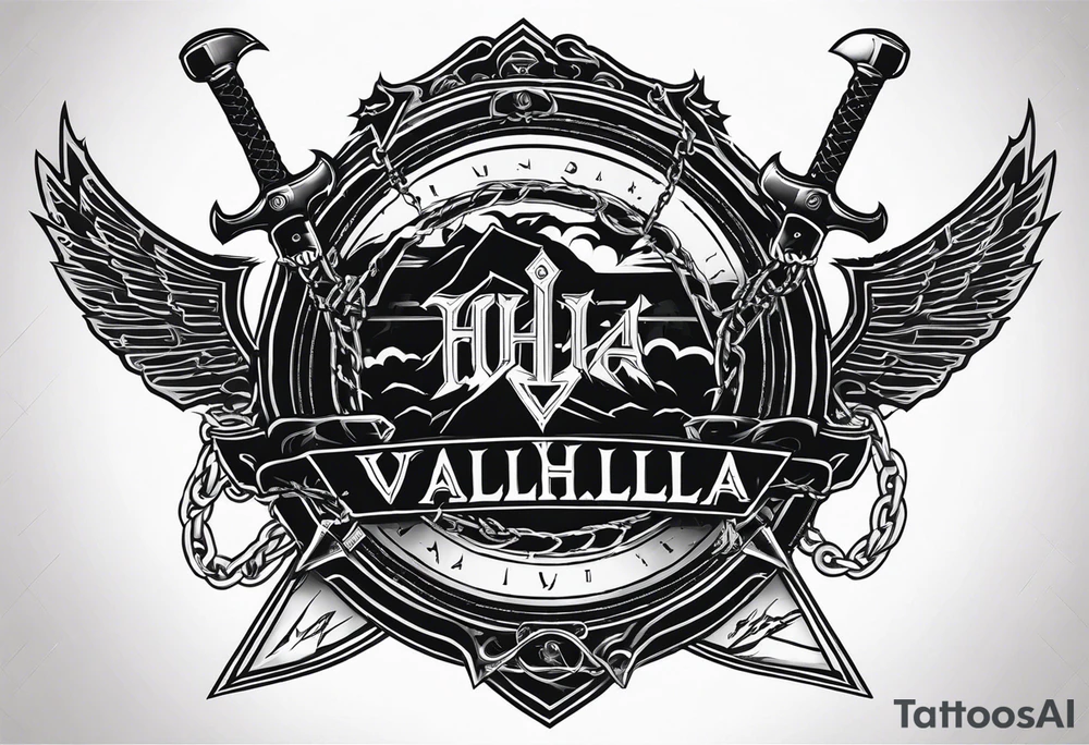 Valhalla sword round
shield axe barbed wire chains dark cloud lightning tattoo idea