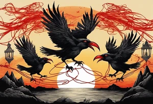 The two black crows at the end of the movie "Secret of NIHM" as they fly away into the sunset carrying some red string between them. tattoo idea