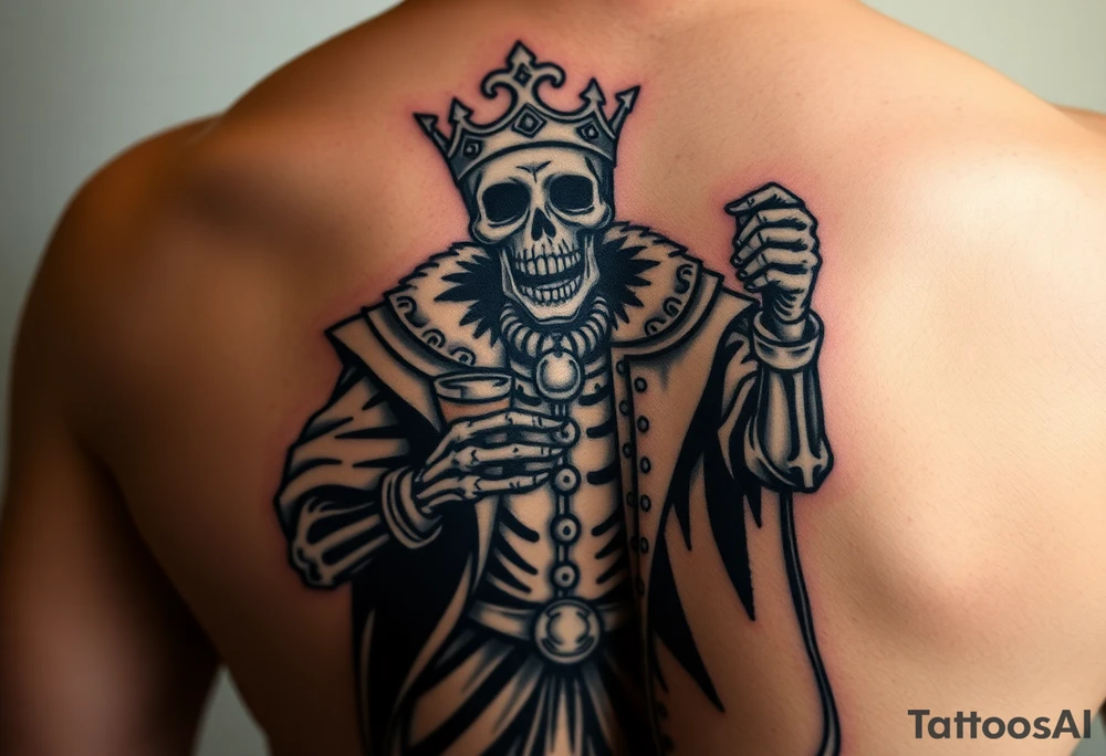 evil skeleton king in clothes getting drunk tattoo idea