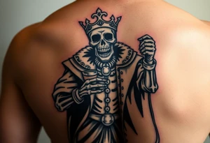 evil skeleton king in clothes getting drunk tattoo idea