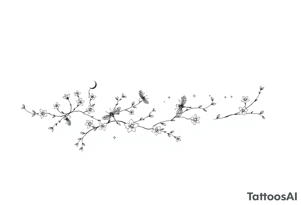 full arm thick vines with small mystical flowers, dragonflies, stars, celestial moon tattoo idea