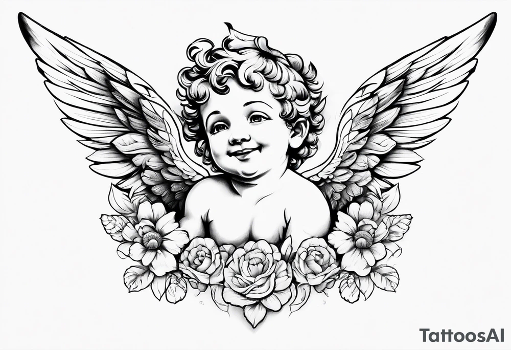 one putti with wings smiling vertical tattoo idea