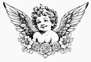 one putti with wings smiling vertical tattoo idea