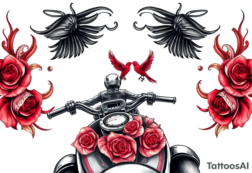Motorcycle driving away, two red birds flying, roses and lace, flames tattoo idea