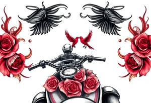 Motorcycle driving away, two red birds flying, roses and lace, flames tattoo idea