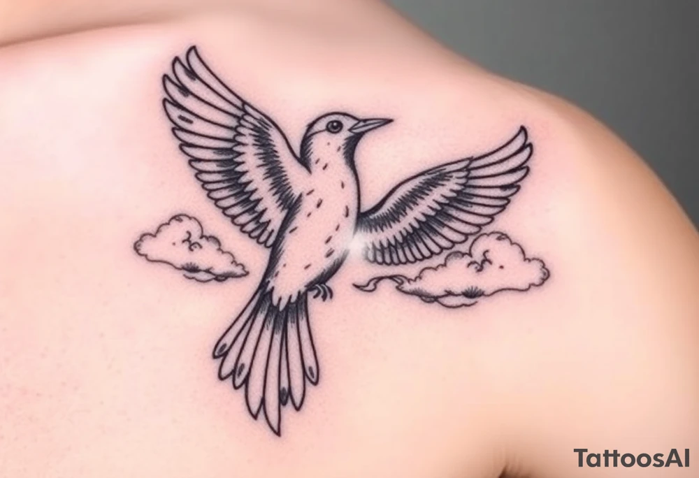 Dove and a blue jay, clouds, shining light to or from heaven tattoo idea