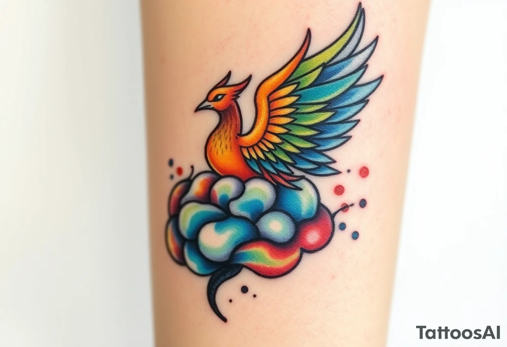 A phoenix rising out of a brain colorful tattoo idea