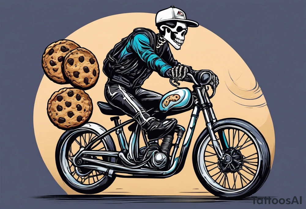 Lifelike skeleton wearing licra and cap rides a road bike. The skeleton is grinning at the viewer and holding a cookie in its left hand tattoo idea