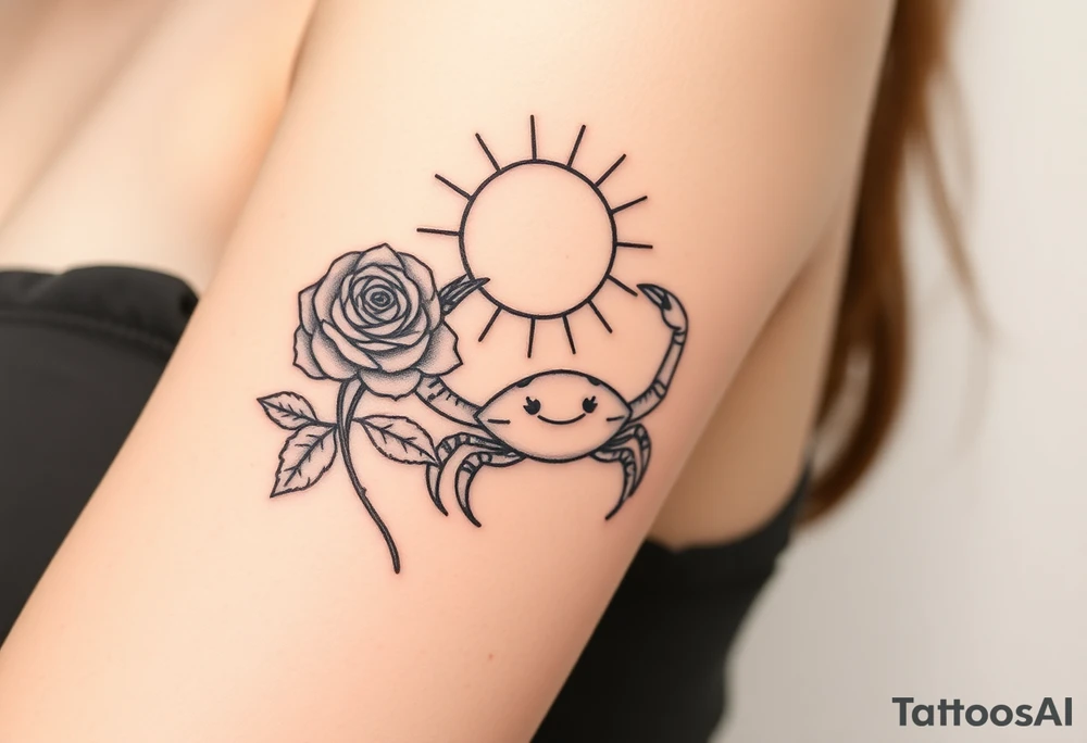 Rose and sun and crab tattoo idea