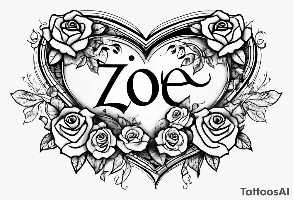 Zoe name written within a heart and rose tattoo idea