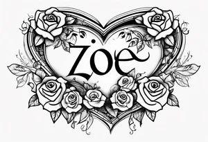Zoe name written within a heart and rose tattoo idea