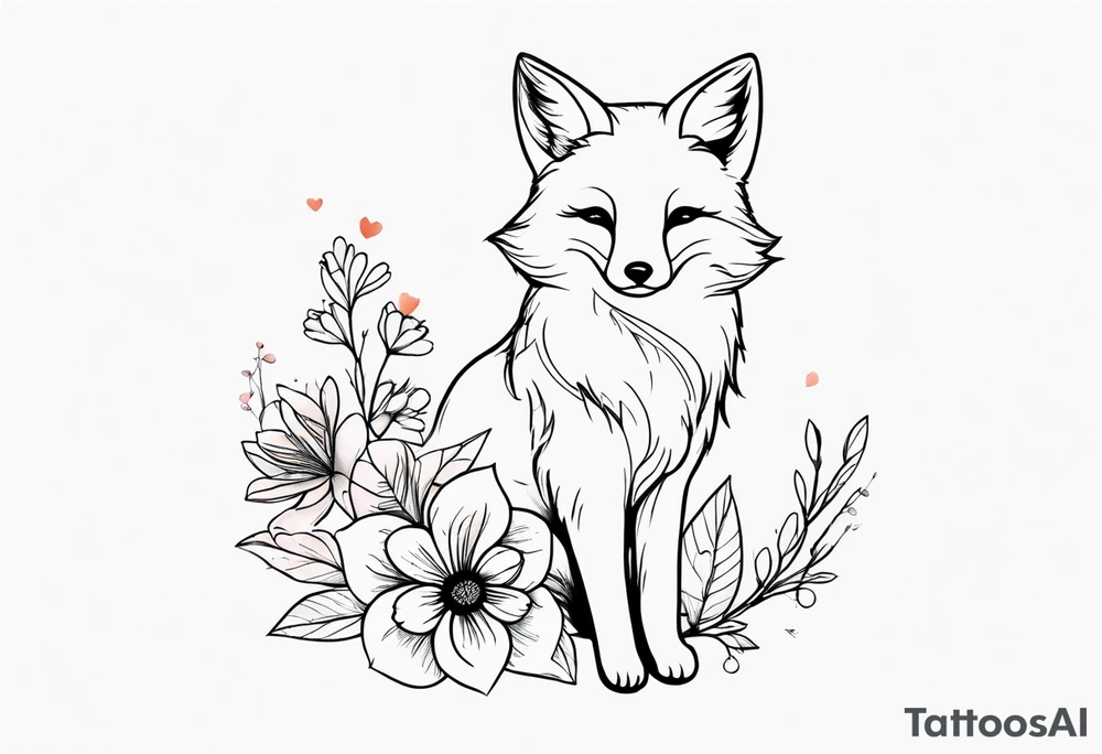 feminin minimalist flowers with little fox tattoo idea