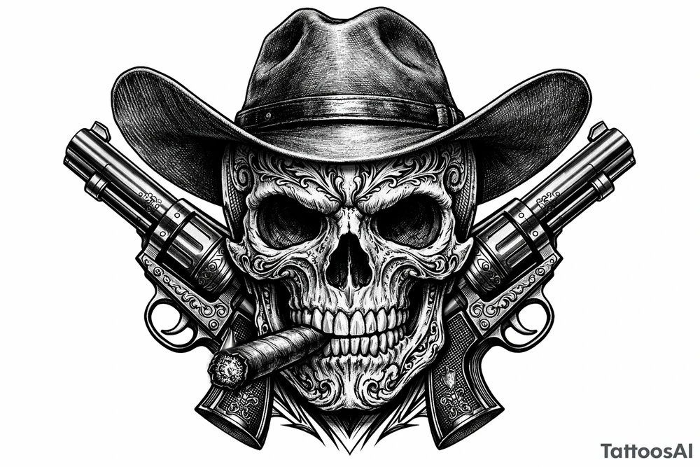 Close-up skull, ornate engraving, Stetson hat, cigar, revolvers framing face tattoo idea