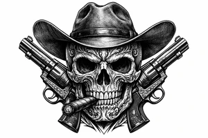 Close-up skull, ornate engraving, Stetson hat, cigar, revolvers framing face tattoo idea