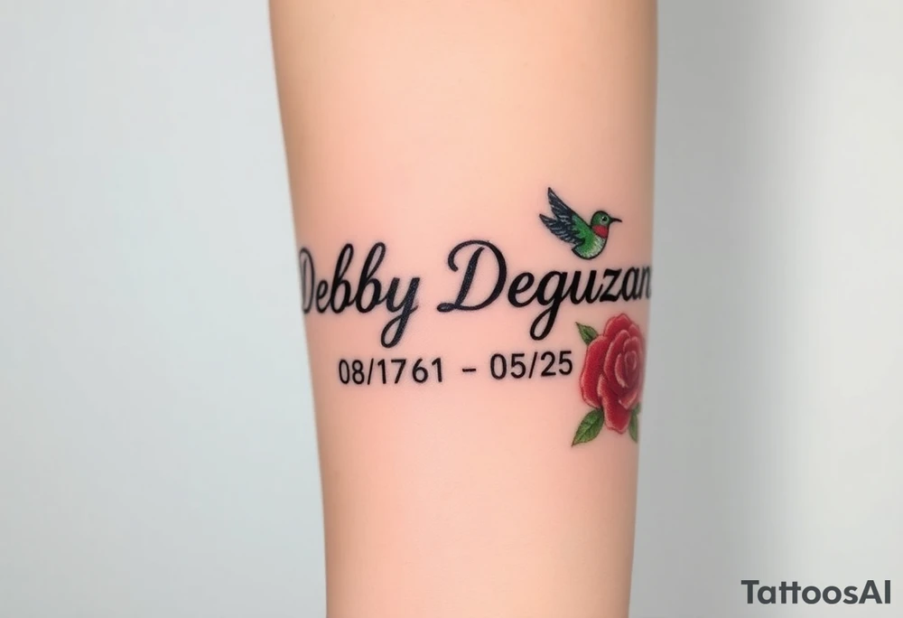 Tattoo of the exact name Debby Deguzman in chunky bold curly cursive with the exact dates of 08/17/61-05/29/25 surrounded by 1 hummingbird and 1 rose tattoo idea