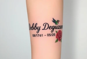 Tattoo of the exact name Debby Deguzman in chunky bold curly cursive with the exact dates of 08/17/61-05/29/25 surrounded by 1 hummingbird and 1 rose tattoo idea