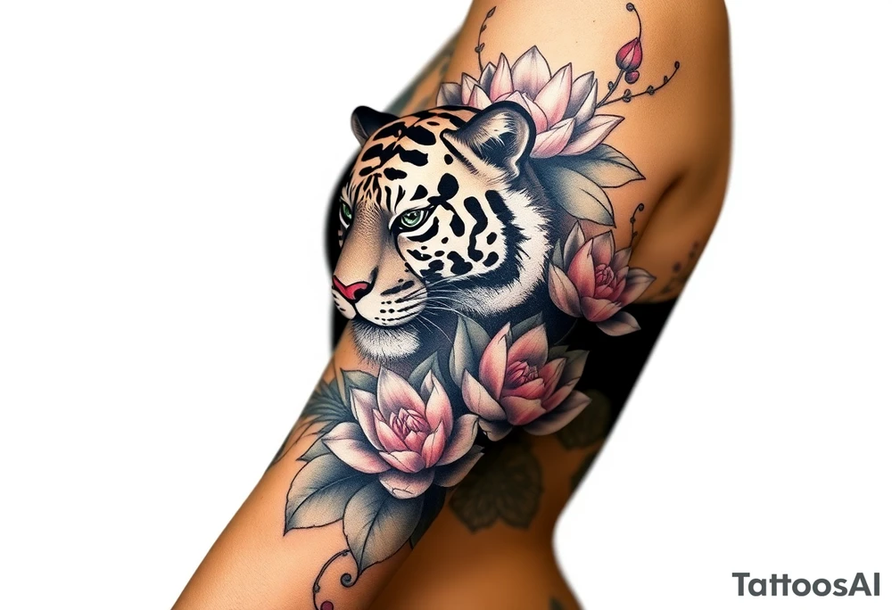 fierce tiger emerging through blooming lotus flowers in mist tattoo idea