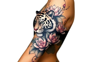 fierce tiger emerging through blooming lotus flowers in mist tattoo idea