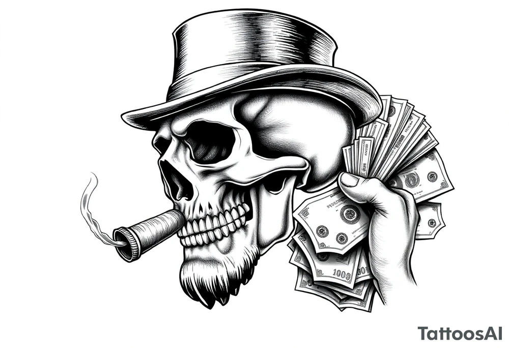 skull with mustache,a big cigar in his mouth,a top-hat on his head and alot of money in a hand. tattoo idea