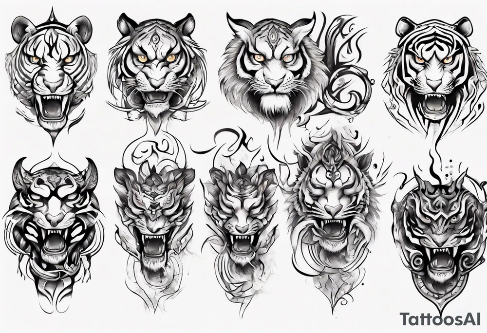 Ancient mythical tiger-like creature on a sleeve tattoo idea
