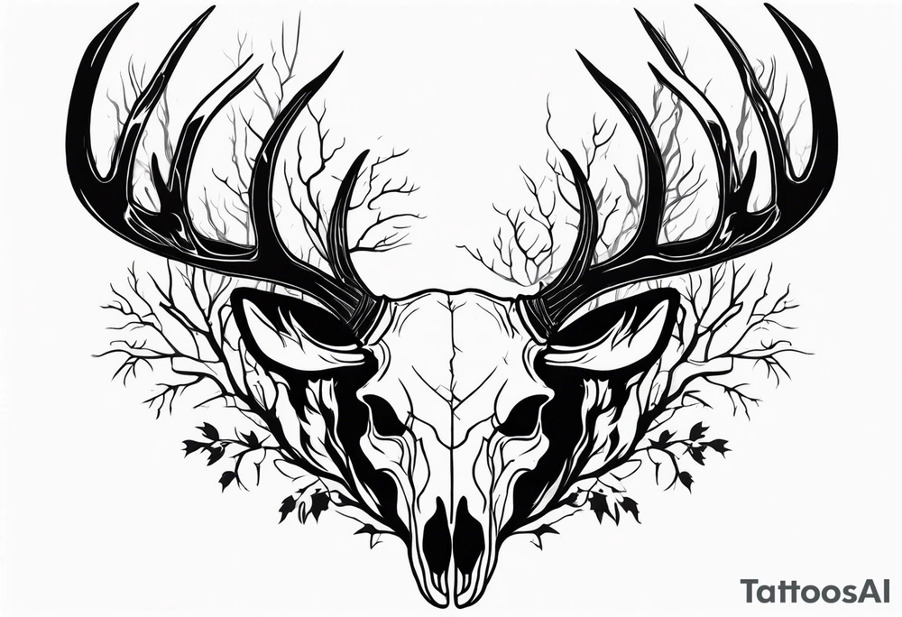Scary side profile of a DECAYING deer skull JUST BONE surrounded by a flames and trees tattoo idea