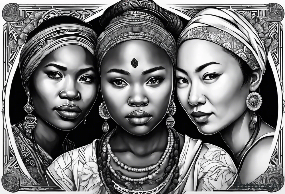 three  people side by side. a really really young african Daughter on the left, a russian mother in the middle, really really old japanes grandmother on the right. greater age difference, in an artfully decorated frame tattoo idea