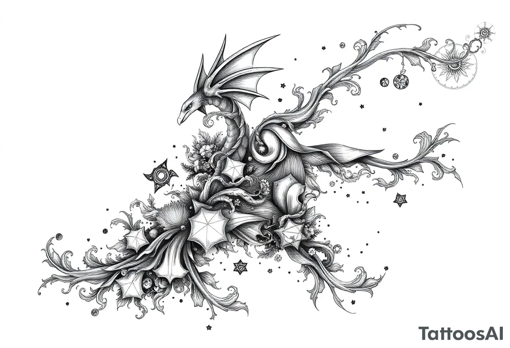 Surreal black and white tattoo concept for the left arm and back. The design should flow like a river or mist, forming a dreamlike mural. Hidden within the flowing patterns are subtle elements from Naruto and One Piece (Itachi, Sharingan, Luffy, Zoro), Norse and Greek mythology (Odin, runes, Athena), nature (roots, water, wind, trees), and angelic forms. Seamlessly woven into the background are the three gargoyle characters from Disney’s Hunchback of Notre Dame. The layout must feel organic, with smooth transitions and soft shading. Leave areas of skin visible to create depth. Avoid clearly outlined characters – they should blend into the composition like illusions tattoo idea