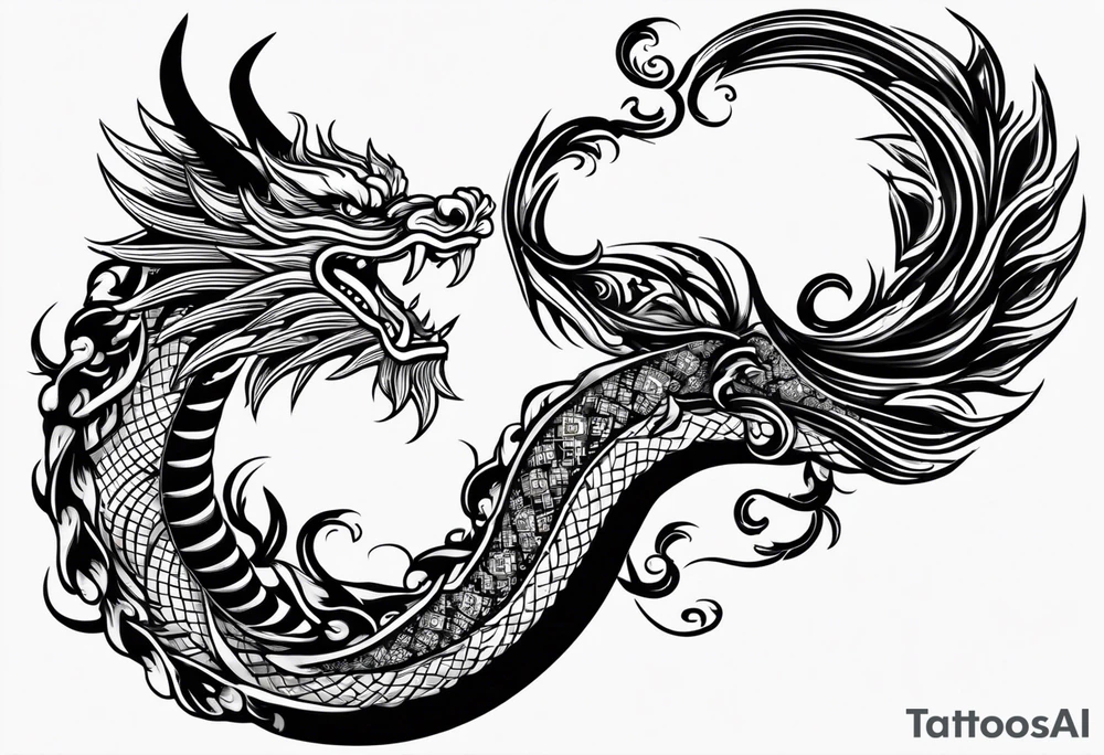 Spiral fire breathing chinese year of dragon tail with body and head extruding dimensionally up and outward. tattoo idea