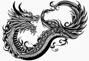 Spiral fire breathing chinese year of dragon tail with body and head extruding dimensionally up and outward. tattoo idea