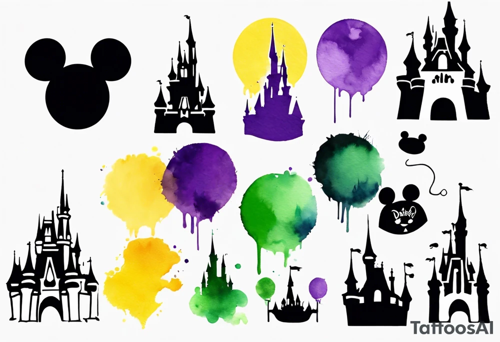 Disney park icon in black and white with watercolor splotches behind. Watercolor should be green, yellow, and purple. tattoo idea