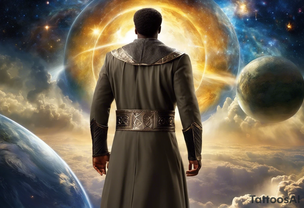 Jehovah looking out at the marvels of his creation from the atoms to the galaxy and celestial beings. With grey wash and a fantasy theme. Jehovah has to be a character who is so majestic, charismatic, immensely powerful. There isnt a single thing he isnt capable of doing. Infinitely powerful forward facing. Without the pagan styled attire and without the pagan symbols etceterashirtless, large muscular athletic physique, deep muscle definition tattoo idea