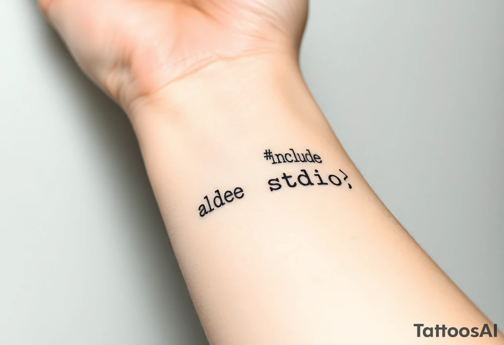 Minimalist black tattoo of the text "#include <stdio.h>" on a human wrist. Clean monospace font (programming style), thin lines, sharp and precise lettering. No colors, only solid black ink. Realistic skin texture, natural wrist curvature, subtle lighting. Simple and elegant composition, no additional elements or decorations. Focus on clarity and readability of the code text. tattoo idea