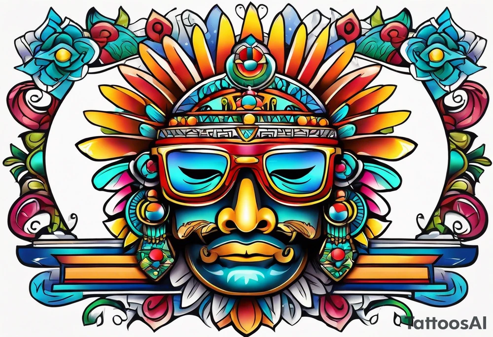 Colorful Mayan theme sunglasses tattoo idea