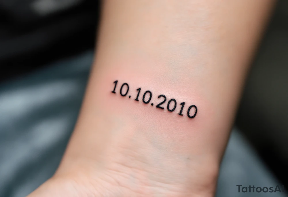 Minimalist 10.10.2010 in thin black sans serif with a small sky-blue dot between each number. tattoo idea