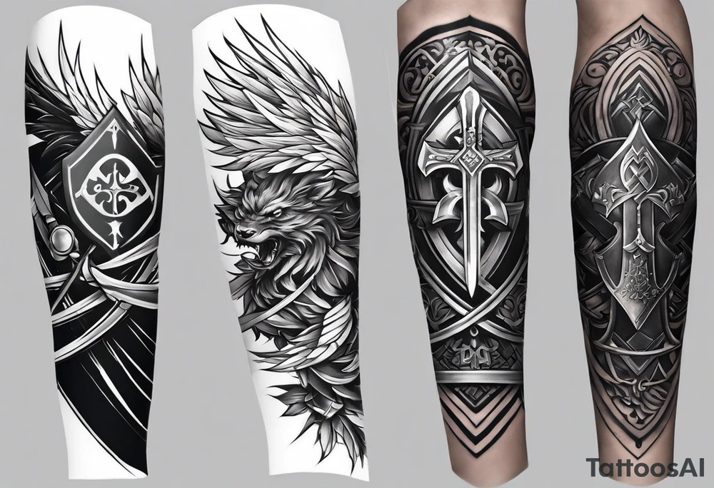complete upper arm sleeve. Feature three mountain side by side, with 3 stars above them crossed sword patterns that evoke the Valkyrie spirit. Keep the design in clean, simple lines. tattoo idea complete upper arm sleeve. Feature three mountain side by side, with 3 stars above them crossed sword patterns that evoke the Valkyrie spirit. Keep the design in clean, simple lines. tattoo idea