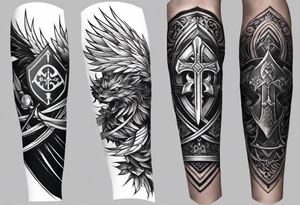 complete upper arm sleeve. Feature three mountain side by side, with 3 stars above them crossed sword patterns that evoke the Valkyrie spirit. Keep the design in clean, simple lines. tattoo idea